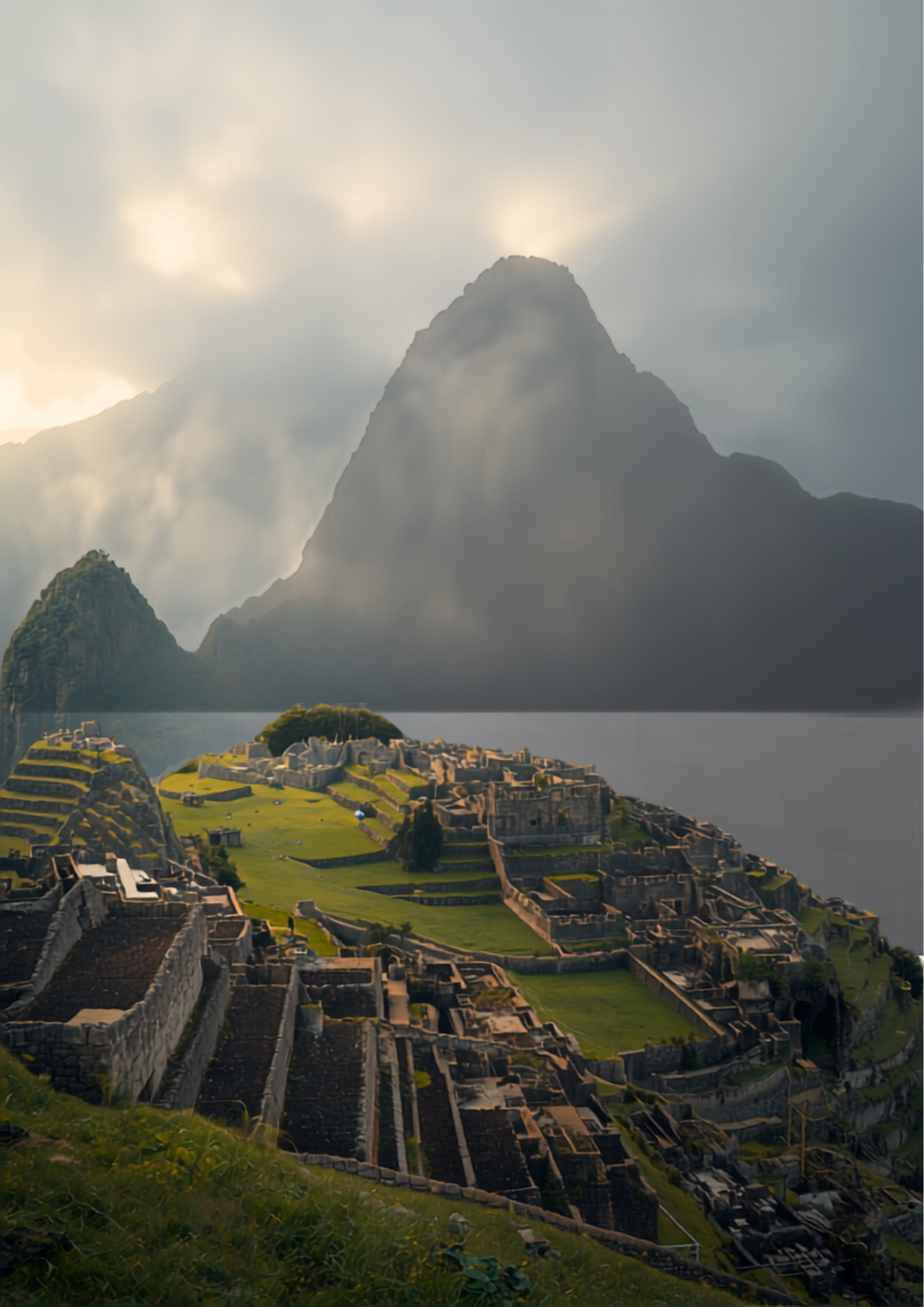 Machu Picchu Peru ancient Inca ruins in morning mist with Sacred Valley mountains