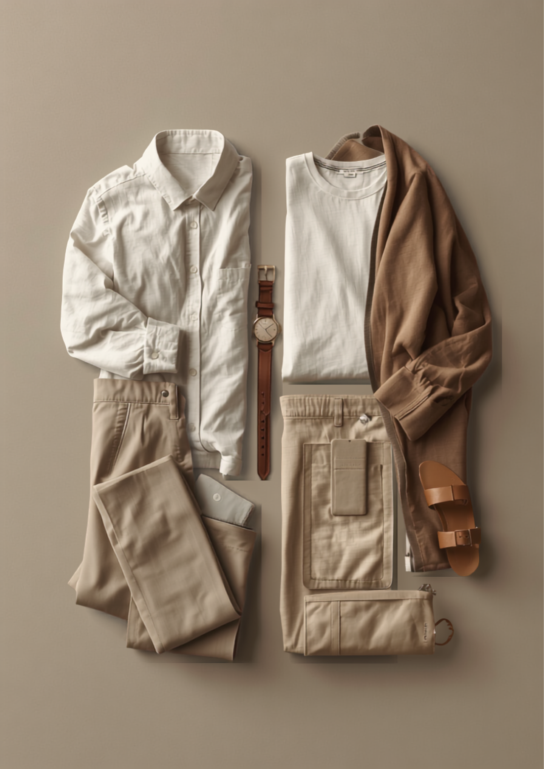Neutral toned women's travel capsule wardrobe flat lay with neatly folded clothing and accessories