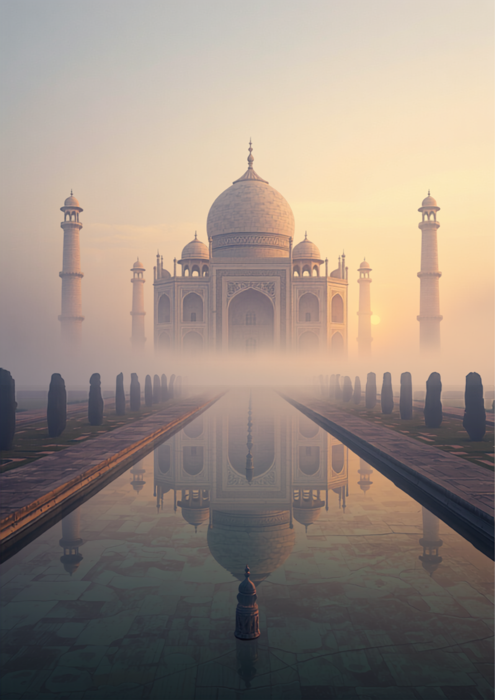 Taj Mahal India at sunrise with golden mist and reflection in the pool