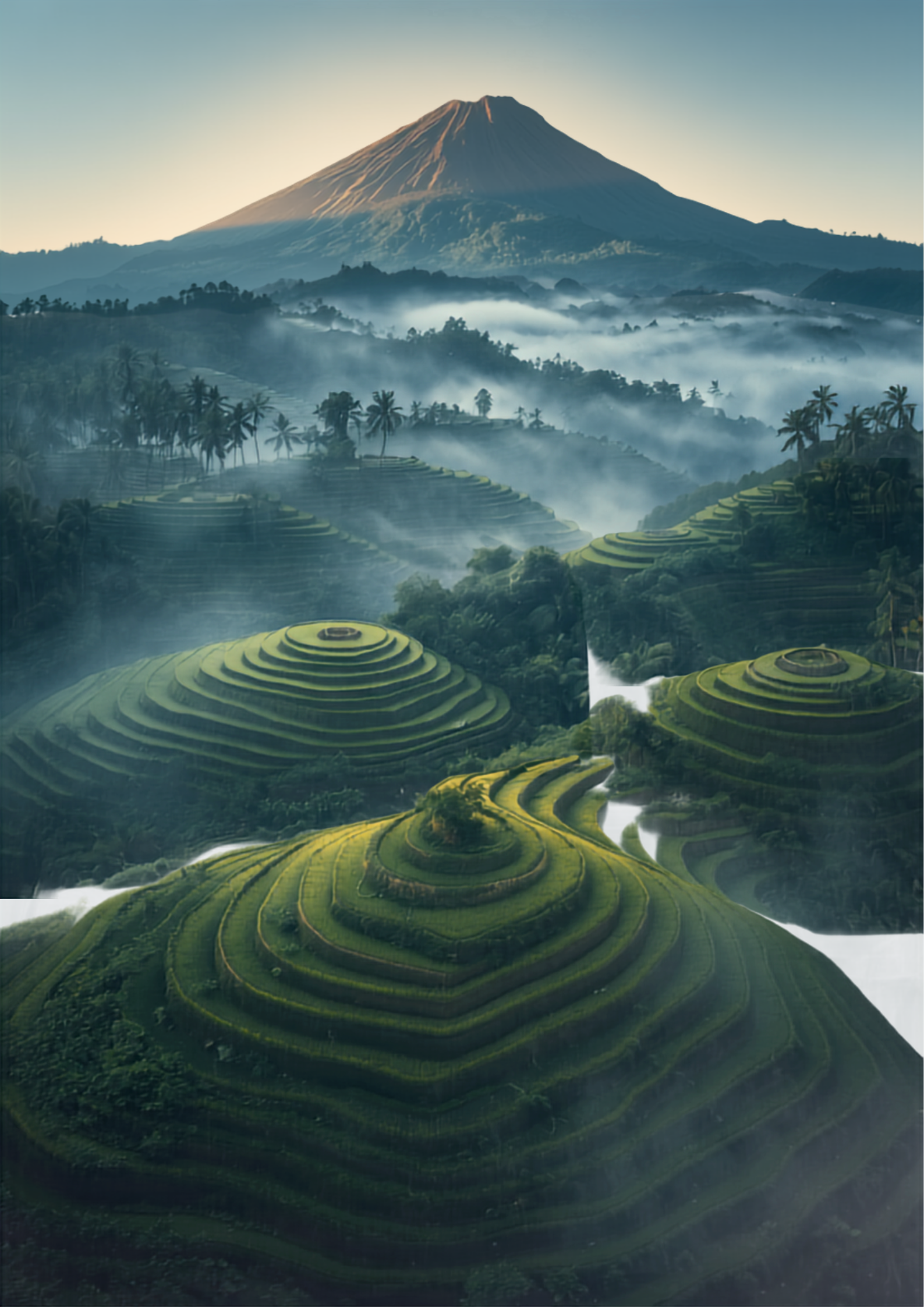 Bali Indonesia rice terraces at sunrise with misty green jungle and volcanic mountain