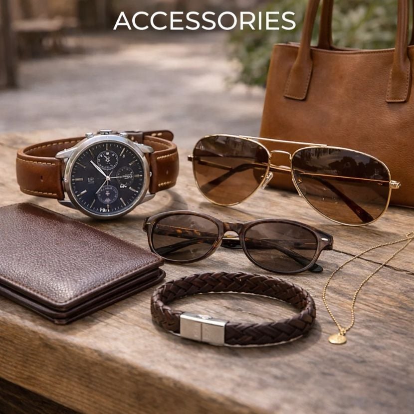 men's accessories showing watch, sunglasses, bracelet and wallet