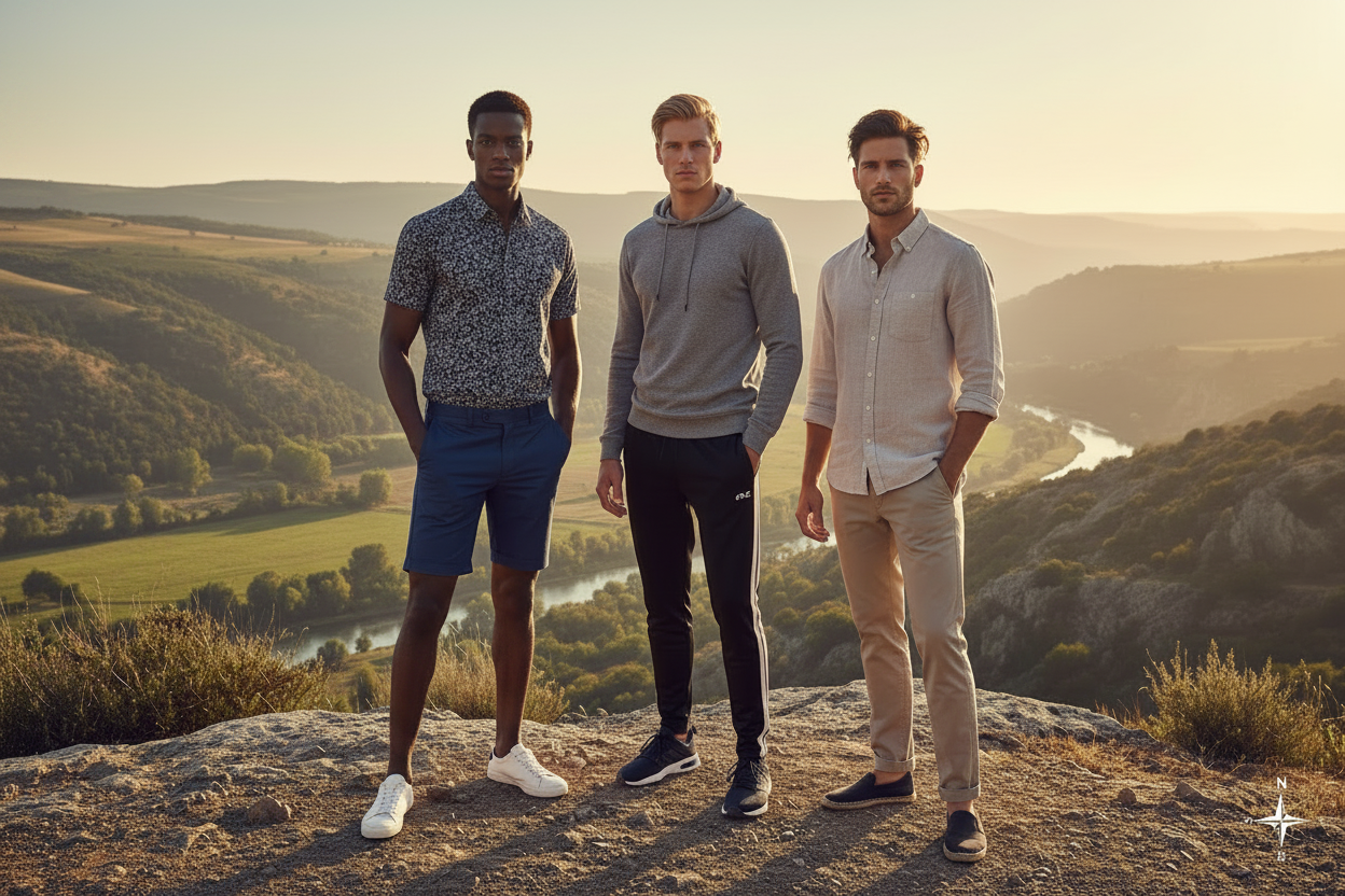 Stylish model showcasing casual men's bottoms for travel in an outdoor cafe setting