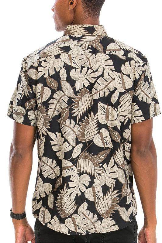 Men's Black and Tan Hawaiian Print Button Down Shirt - VacationGrabs