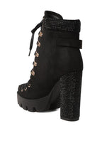 Rag Company lace up diamante ankle boots for women with chunky heel and decorative rhinestone detail
