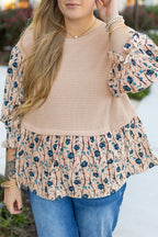 Beige Faux Two Piece Knit Patchwork Floral Print Plus Size Top