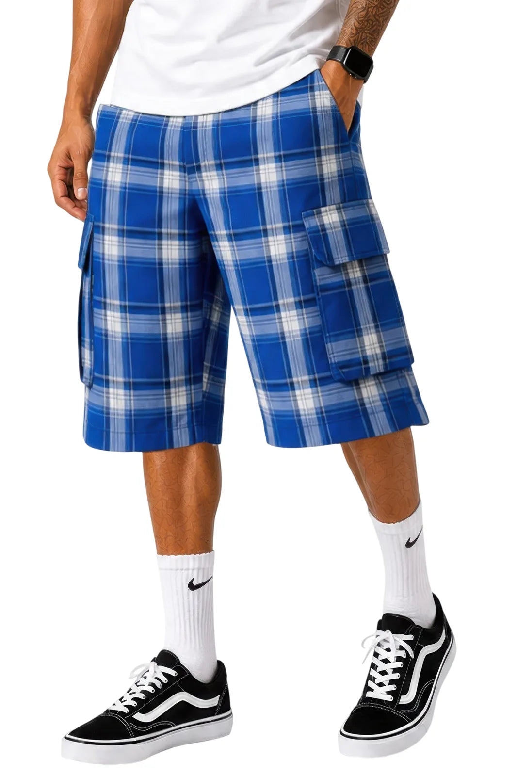 Mens Checkered Baggy Cargo Shorts - Royal - white background