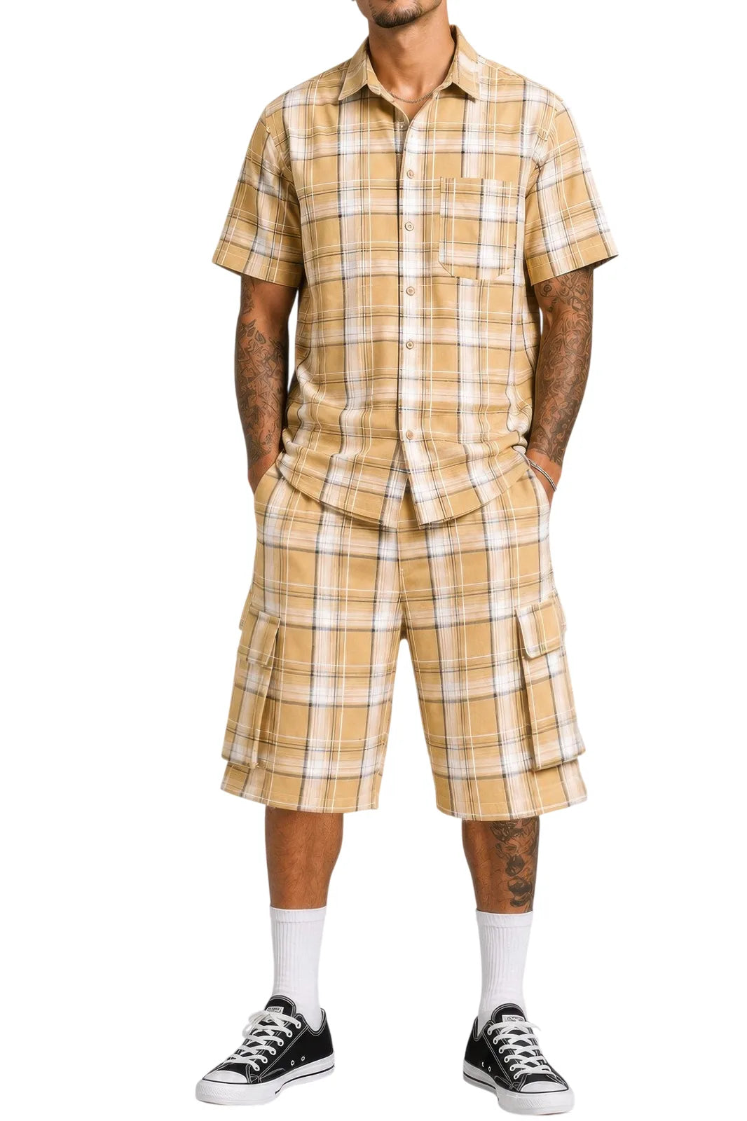 Mens Checkered Shirt And Cargo Shorts Set - Khaki - white background