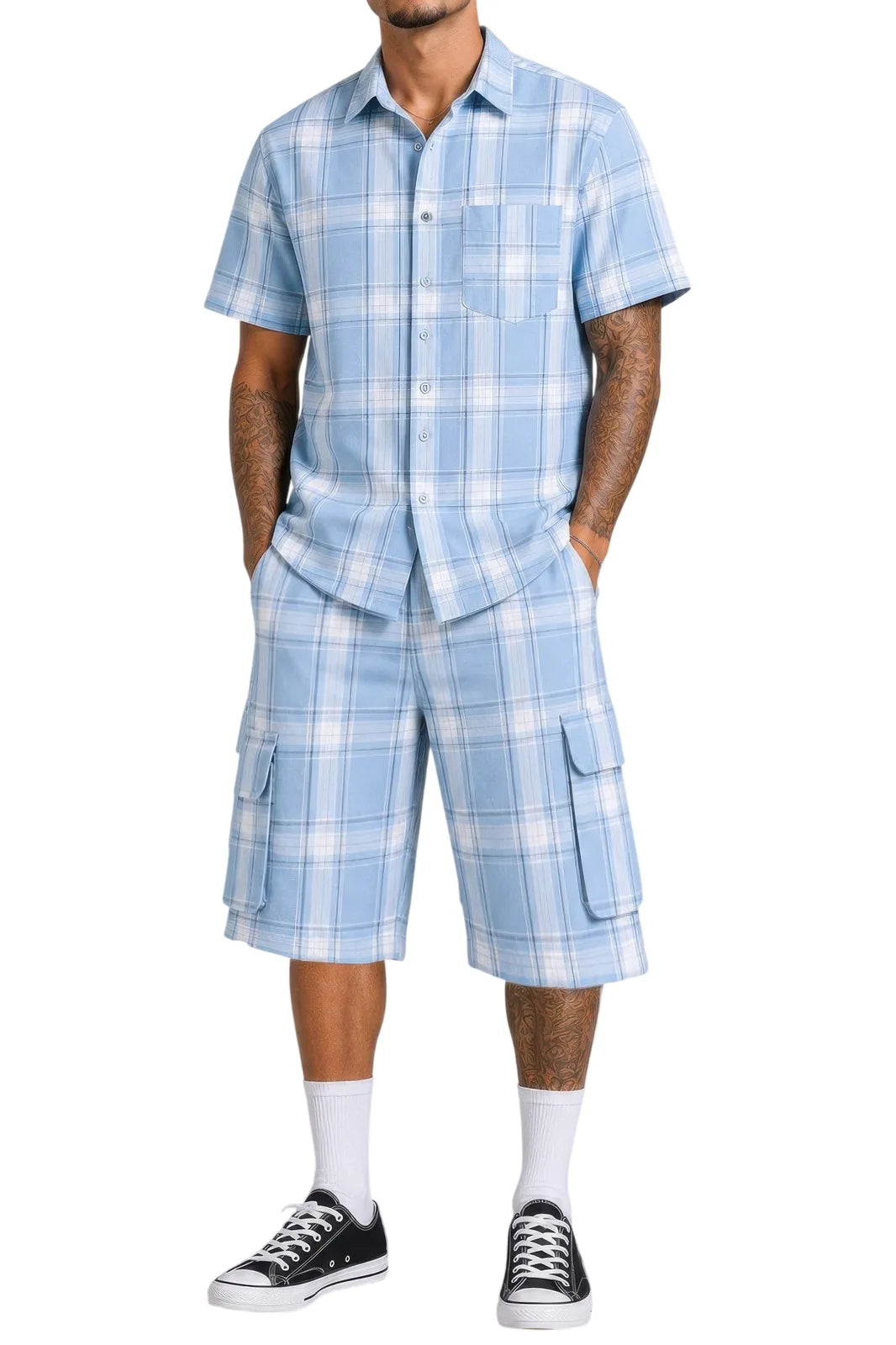 Mens Checkered Shirt And Cargo Shorts Set - Light Blue - white background