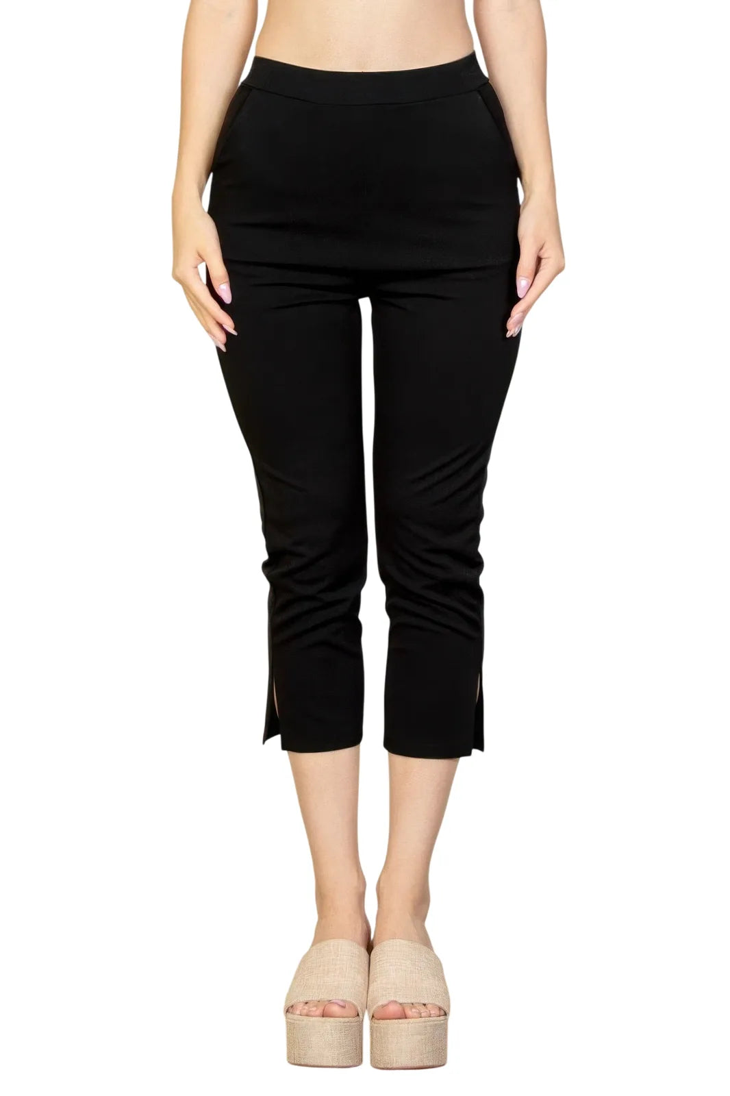 Cropped Pants for Women - Comfortable Travel Essential - Black - white background