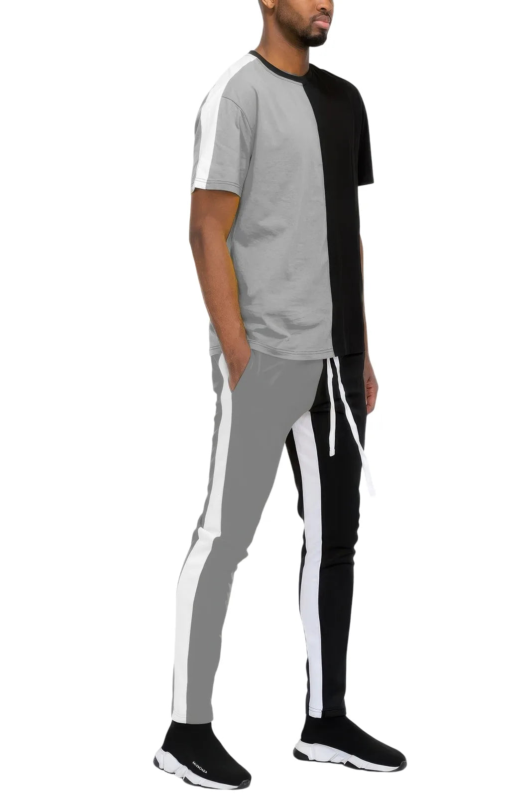 Two Tone Color Block Track Pant Jogger - Grey Black - white background