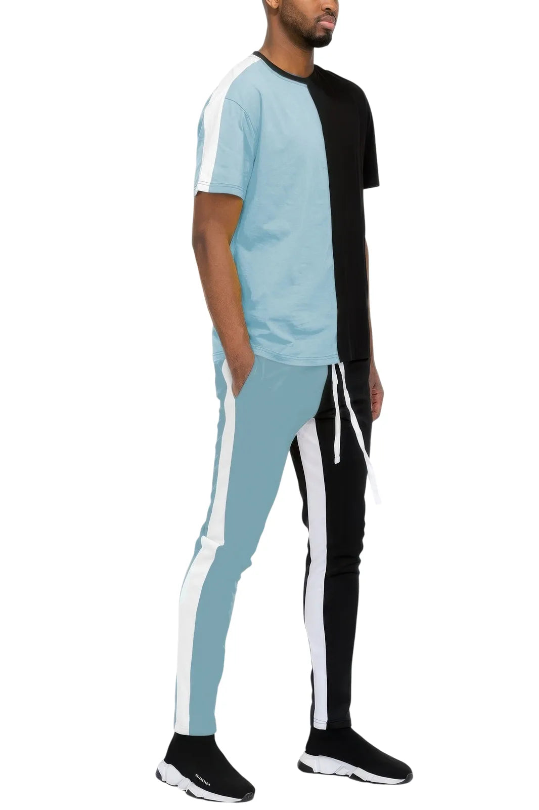 Two Tone Color Block Track Pant Jogger - Sky Black - white background