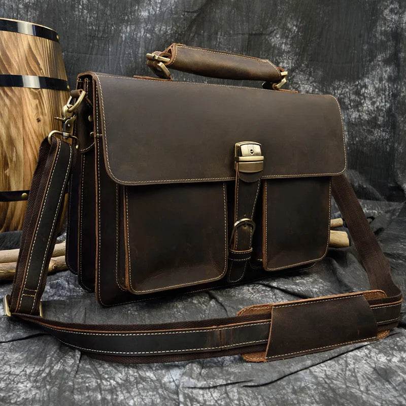 Luxury Genuine Leather Briefcase Laptop Bag Vintage Shoulder Bag - VacationGrabs