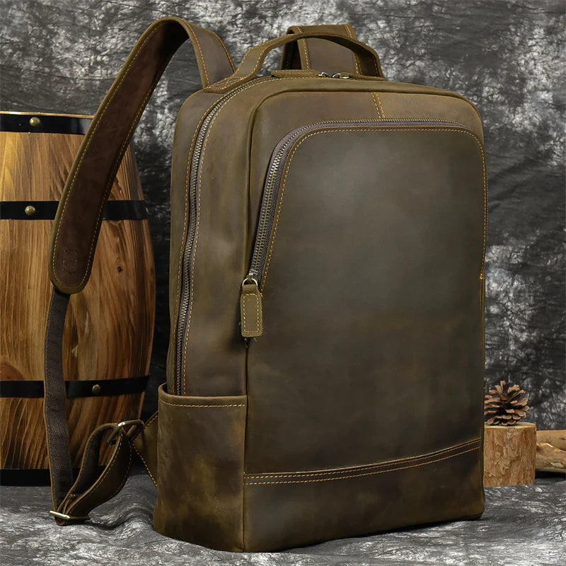15.6" Laptop Leather Backpack for Men Vintage Business