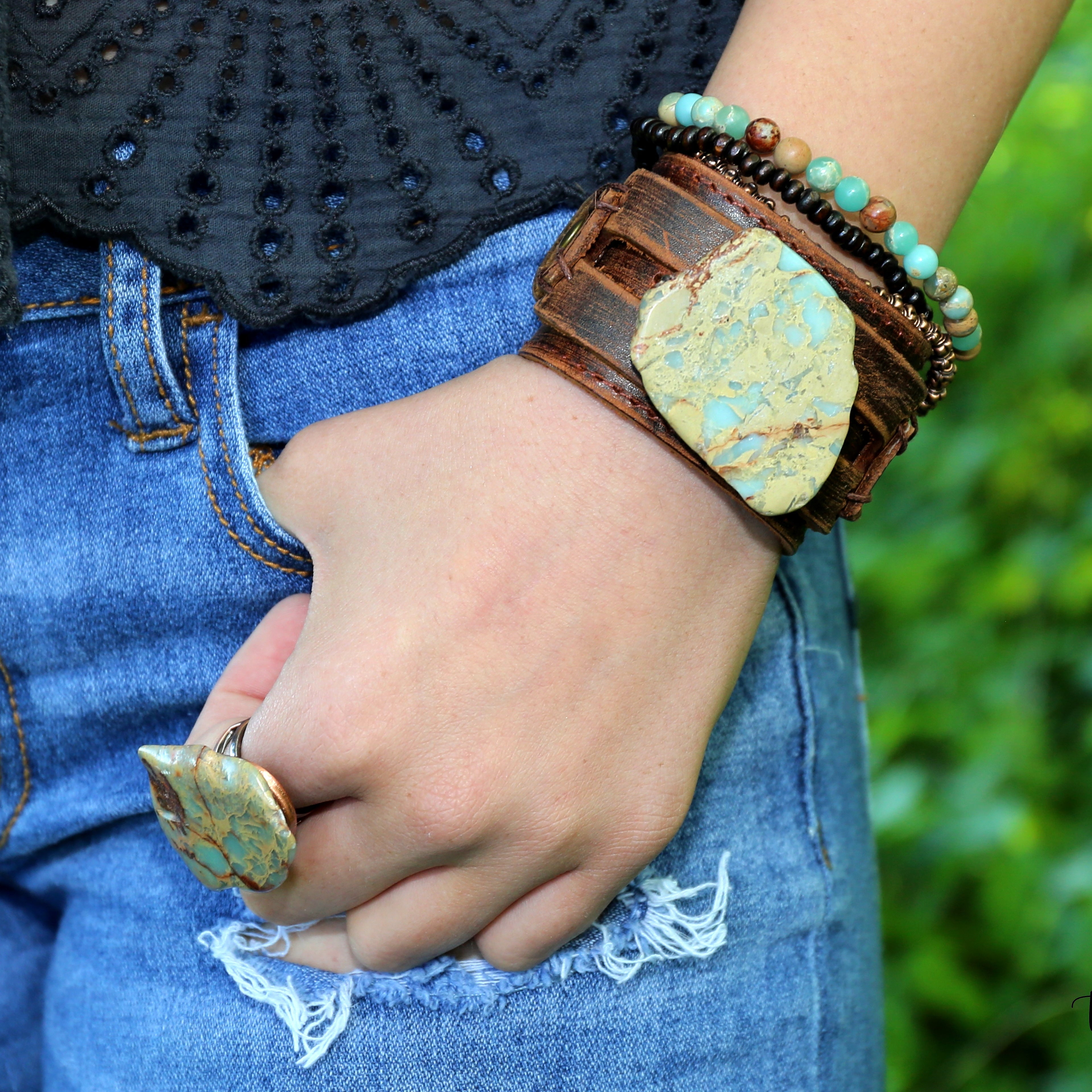 Genuine Leather Wide Cuff Bracelet w/ Aqua Terra Slab 006a