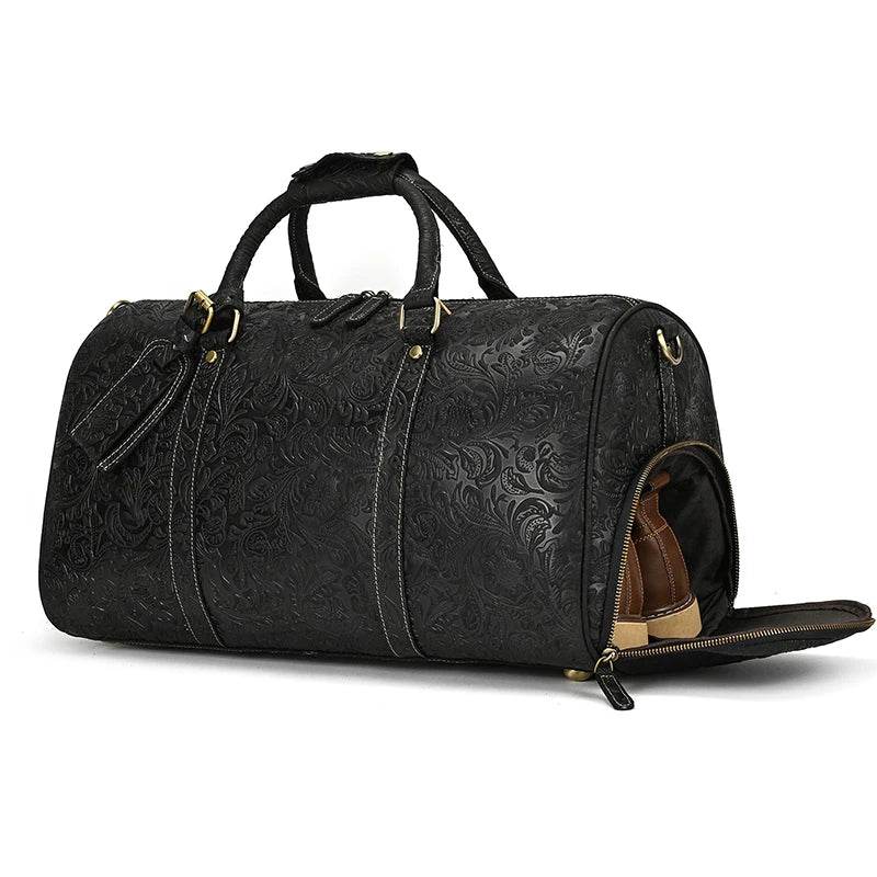 Genuine Cowhide Leather Travel Duffle Bag Men’s Weekend Bag Shoe Pocket - VacationGrabs