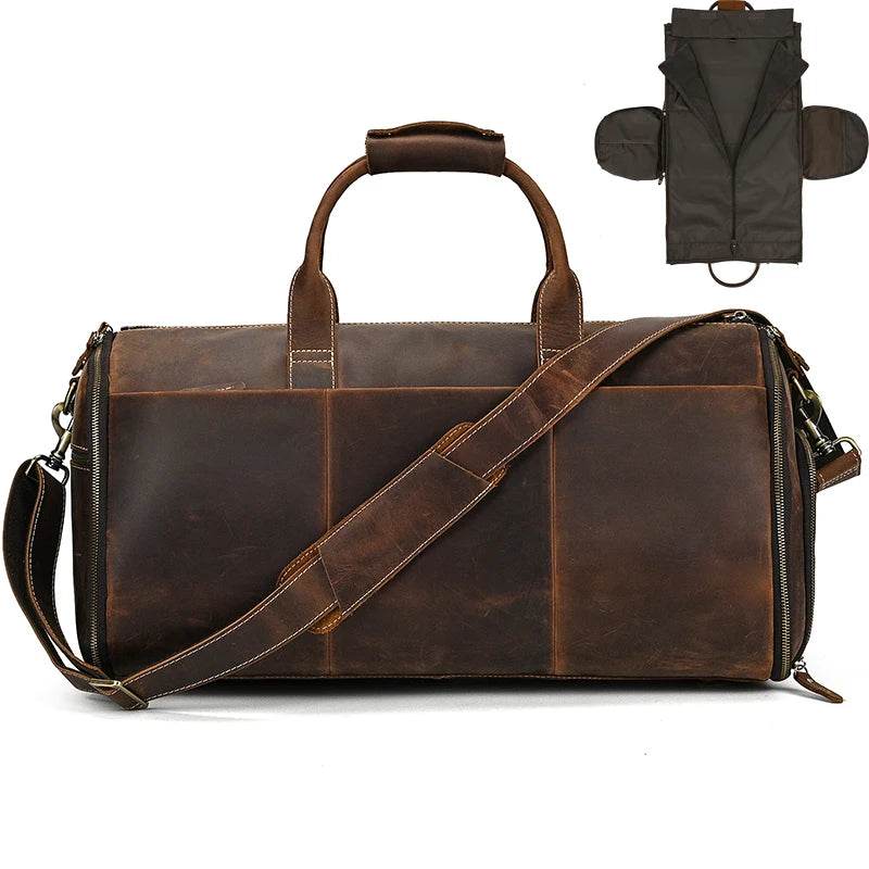 Crazy Horse Leather Travel Bag Suits and Shoes Folding Business Bag - VacationGrabs