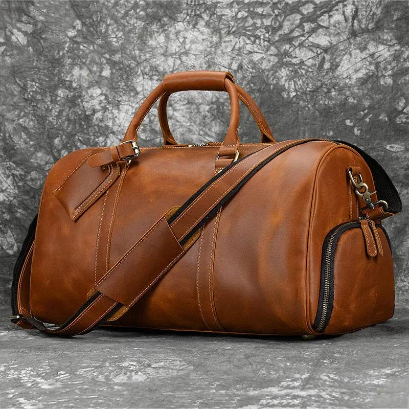 Genuine Cowhide Leather Travel Duffle Bag Men’s Weekend Bag Shoe Pocket - VacationGrabs