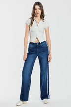 Mid Waist Relaxed Wide Leg Jeans with Side Checker Detail