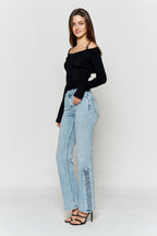 Wide-Leg Jeans with Distressed Side Detail for Women