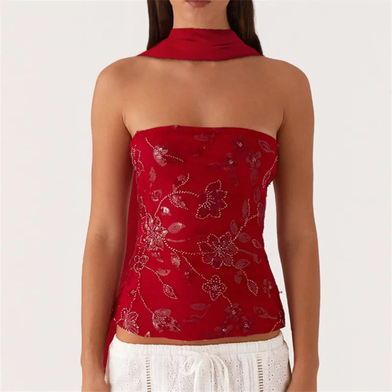 Women's red beaded camisole, perfect for summer evenings