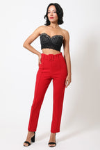 Women's red tailored pants with a belt with a buckle, stylish fit