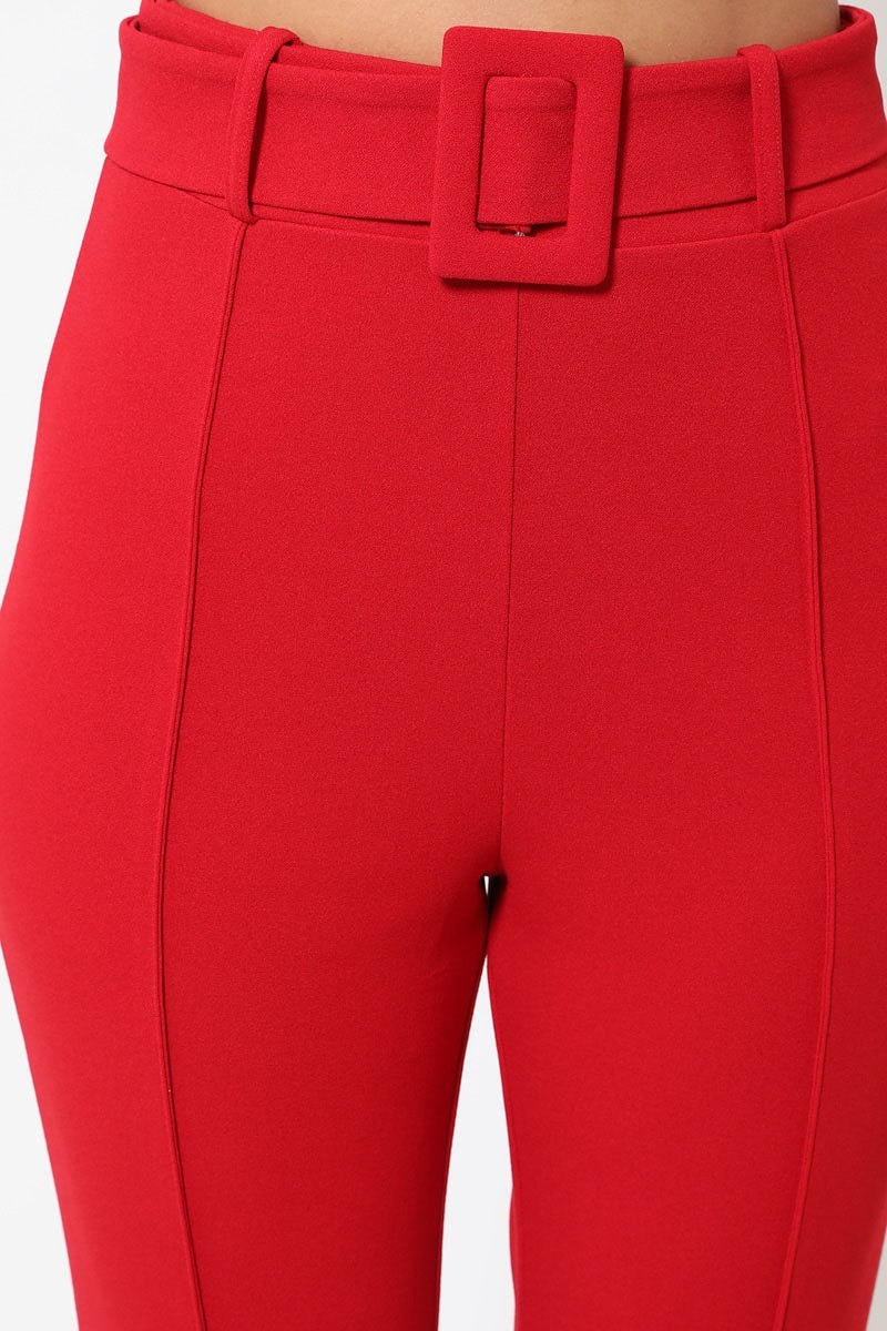 Women's red pants with a belt with a buckle for stylish looks