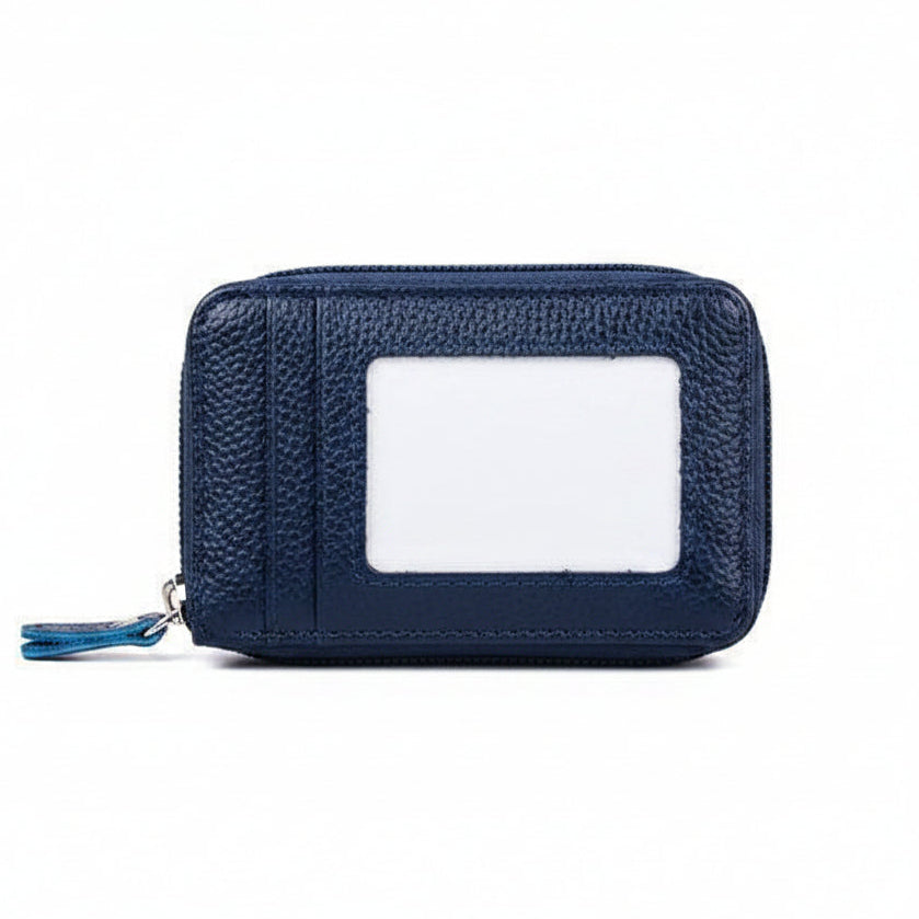Navy blue leather wallet with zip closure and card window for easy access
