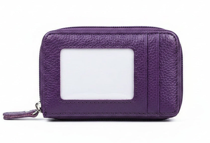 Purple wallet with card slots and zipper closure, ideal accessory for daily use
