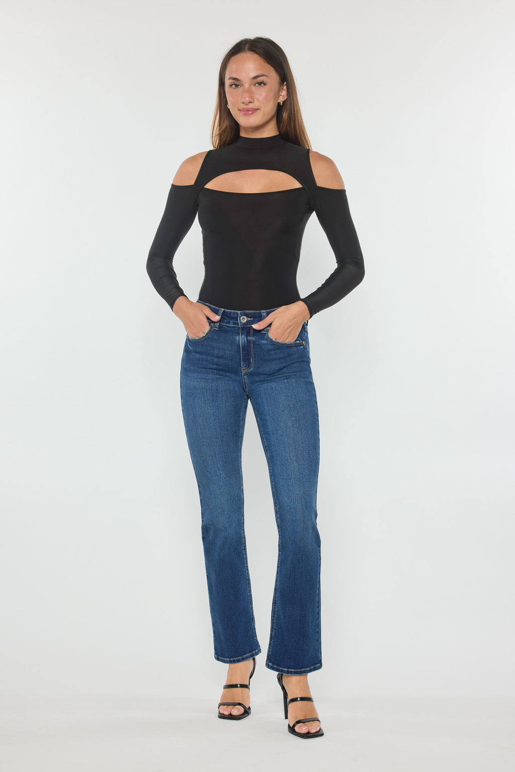 Women's blue bootcut jeans boots, denim fabric for casual wear
