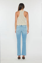 Women's light blue bootcut jeans, perfect for wearing with boots