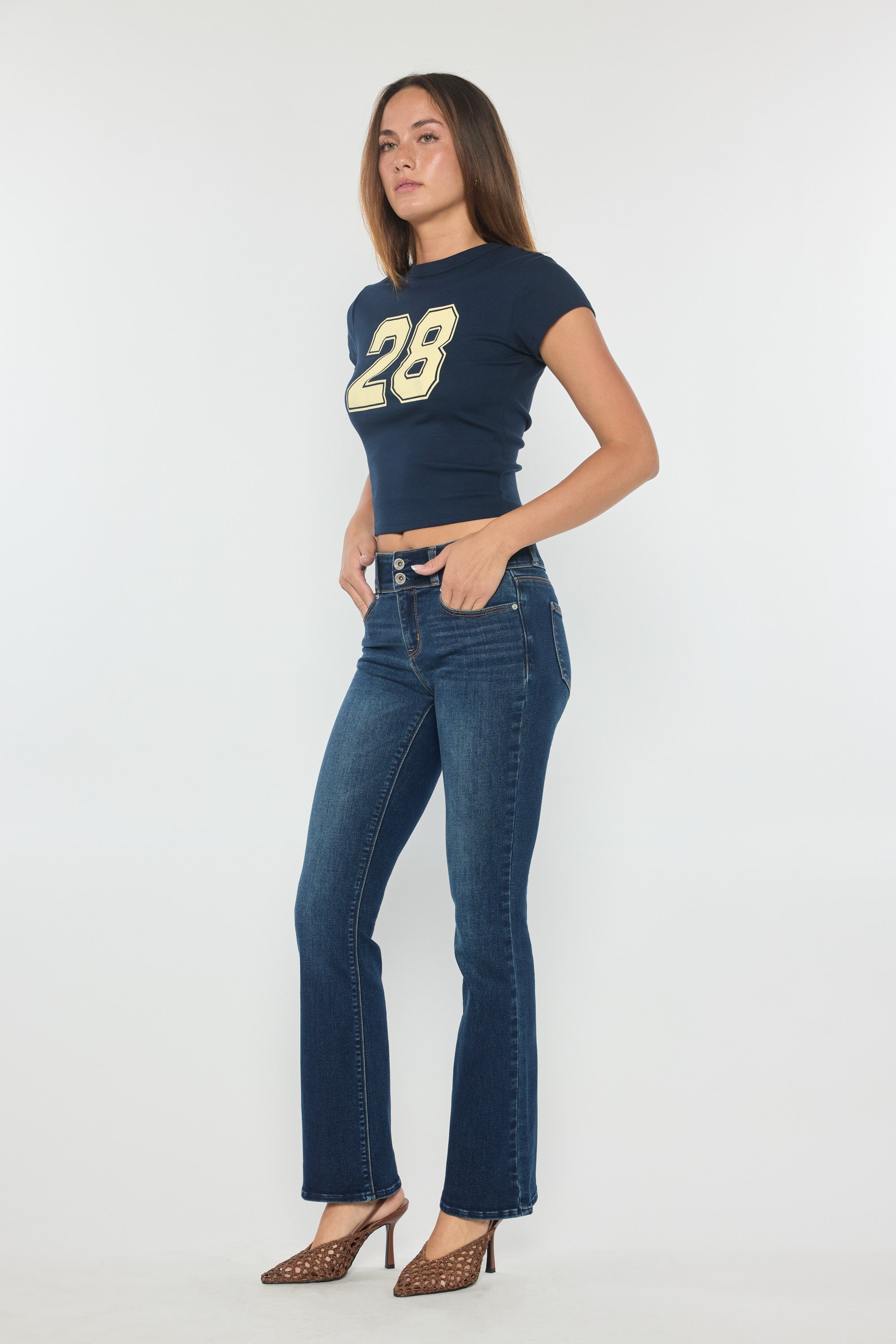 Women's blue bootcut jeans boots, comfortable stretch denim for casual wear
