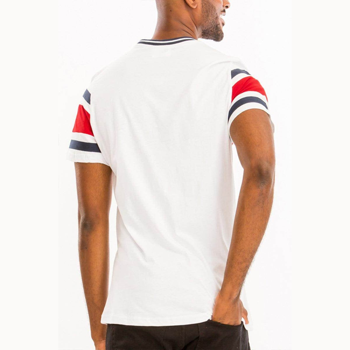 Back view of a men's color block summer shirt men with red and navy striped sleeves