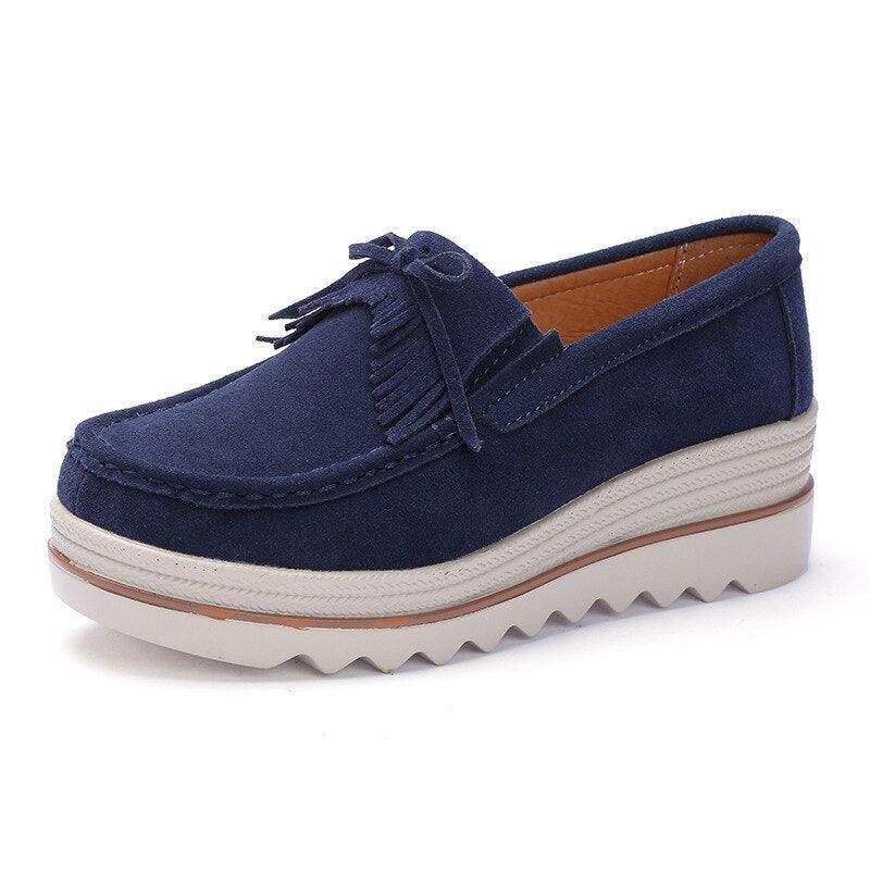 Comfortable blue colorful platform shoes with tassel detailing for stylish women