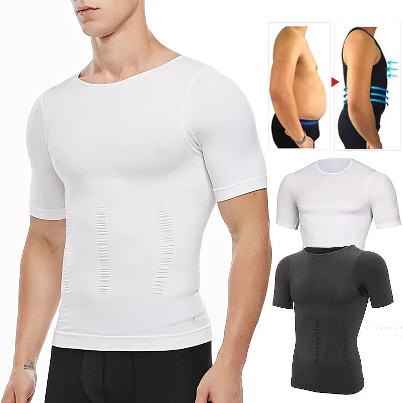 Men's white compression shirt, stretchy material for muscle support