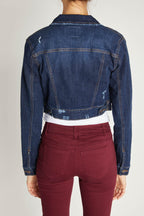 Women's cropped dad sherpa trucker jacket in dark denim, casual styling