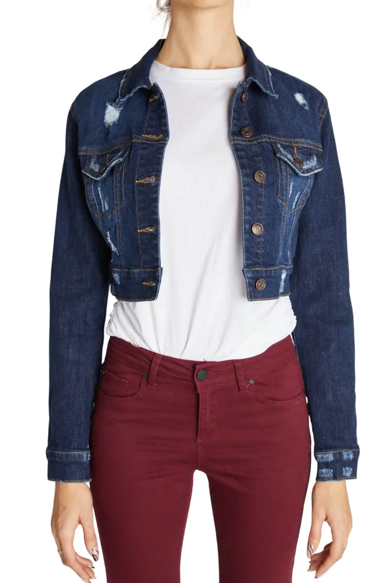 Women's cropped dad sherpa trucker jacket in dark denim for casual wear