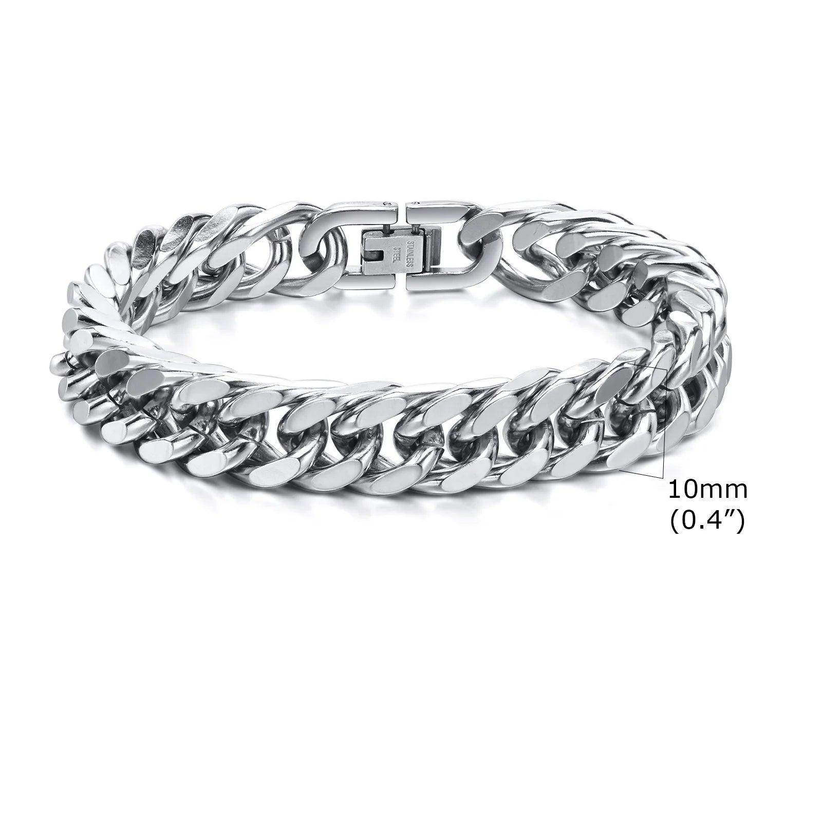 Silver Cuban link bracelets for men featuring a durable 10mm width and a secure clasp