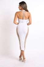 Cut Out Rhinestone Fishnet Contrast Clubwear Party Dress WHITE