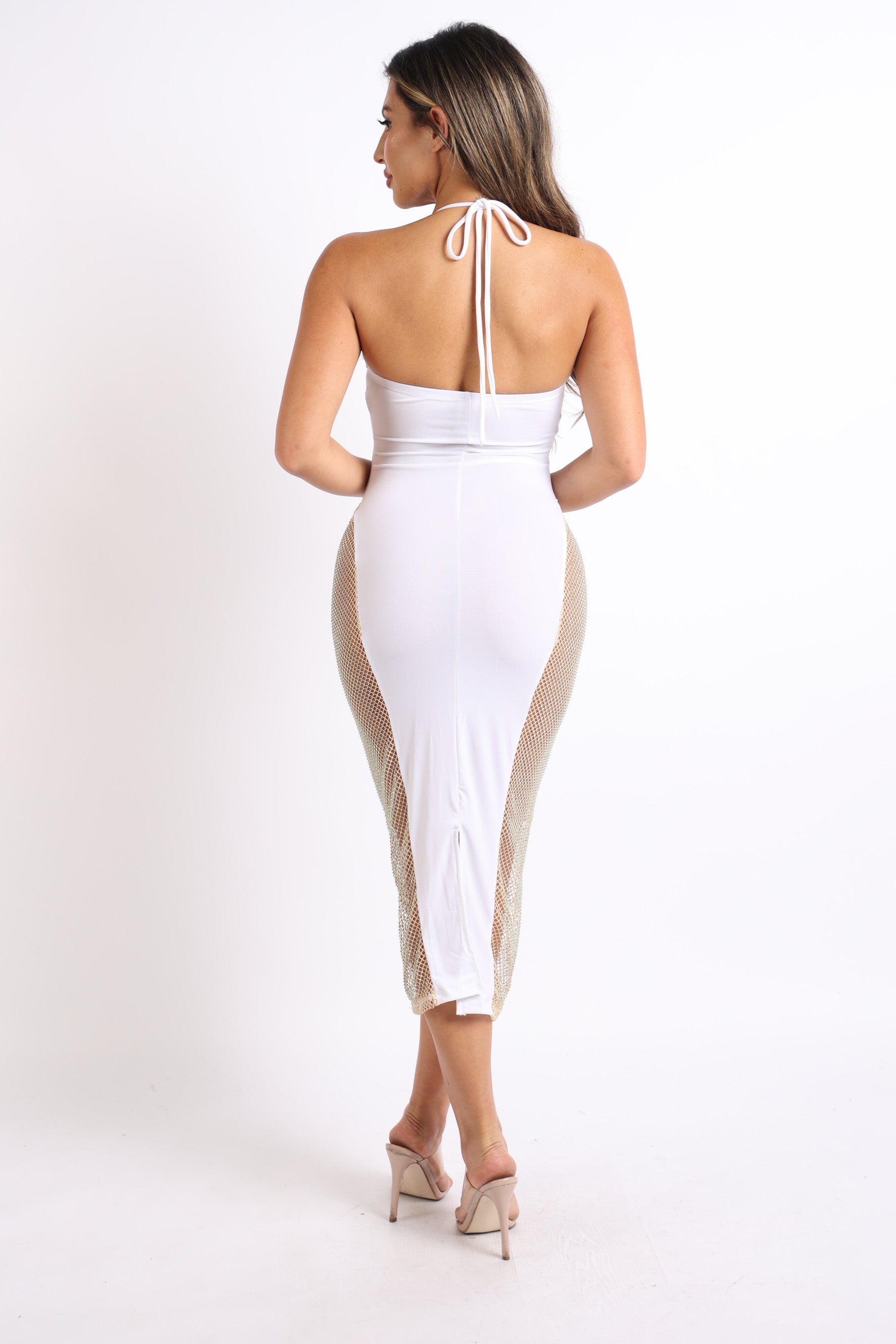 Cut Out Rhinestone Fishnet Contrast Clubwear Party Dress WHITE