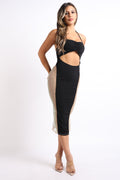 Cut Out Rhinestone Fishnet Contrast Clubwear Party Dress BLACK