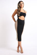 Cut Out Rhinestone Fishnet Contrast Clubwear Party Dress BLACK