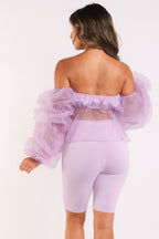 Organza Sleeve Detailed Top & Matching Shorts 2 Piece Set lavndr