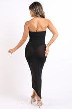 Off The Shoulder Black Tube Dress Asymmetric With Mesh Contrast
