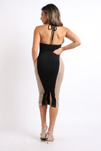 Cut Out Rhinestone Fishnet Contrast Clubwear Party Dress BLACK