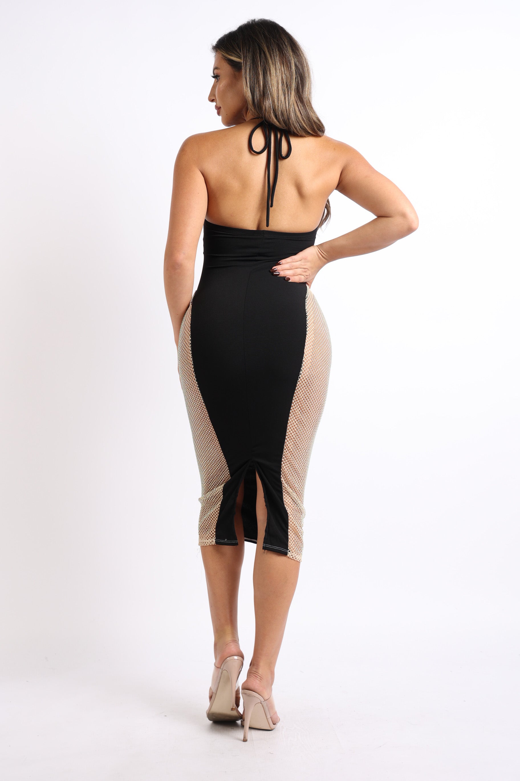 Cut Out Rhinestone Fishnet Contrast Clubwear Party Dress BLACK