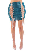 Teal lace-up mini skirt on a white background