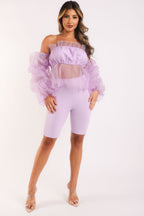 Organza Sleeve Detailed Top & Matching Shorts 2 Piece Set lavndr