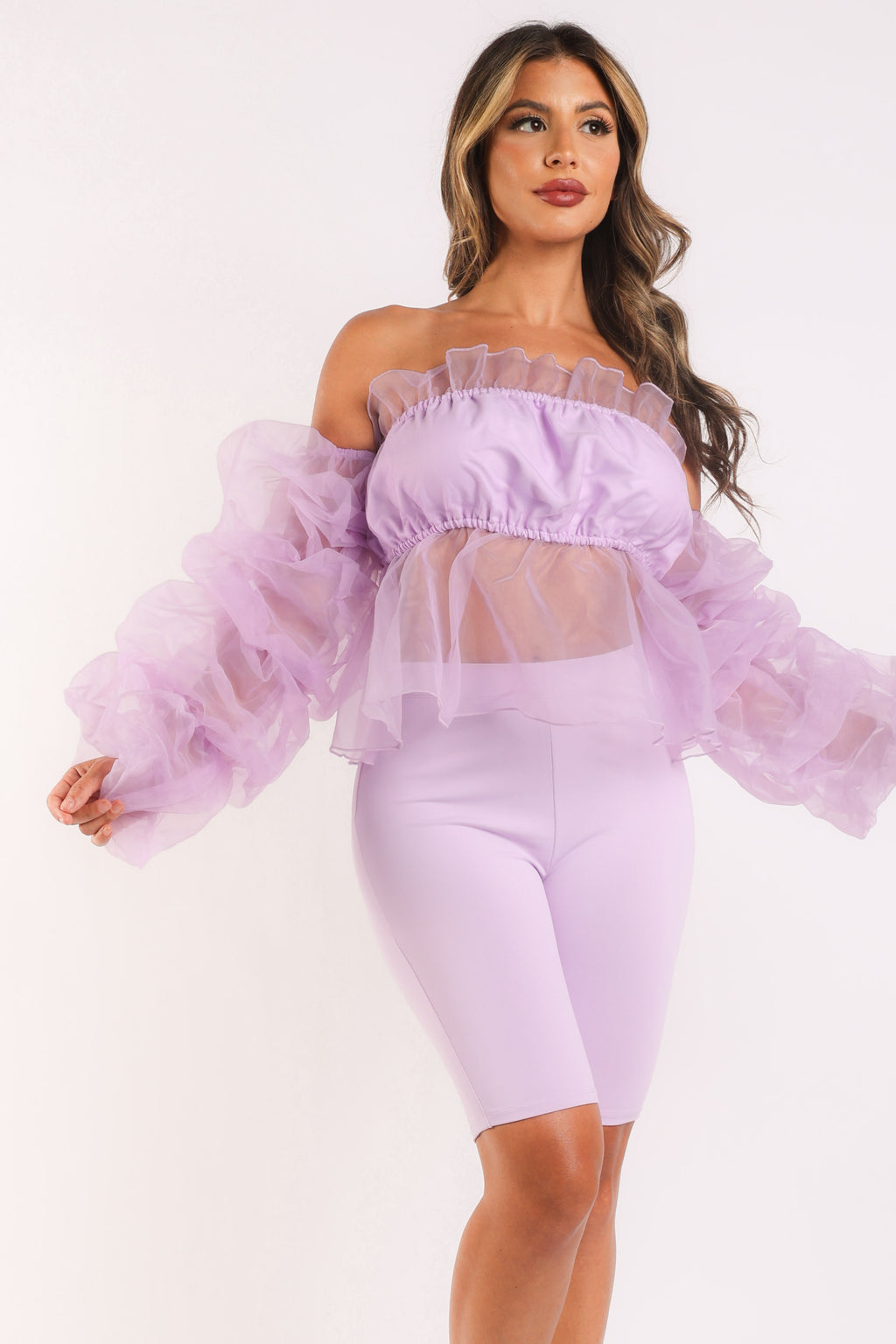 Organza Sleeve Detailed Top & Matching Shorts 2 Piece Set lavndr