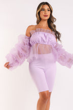 Organza Sleeve Detailed Top & Matching Shorts 2 Piece Set lavndr