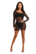Woman wearing a black sheer outfit on a white background